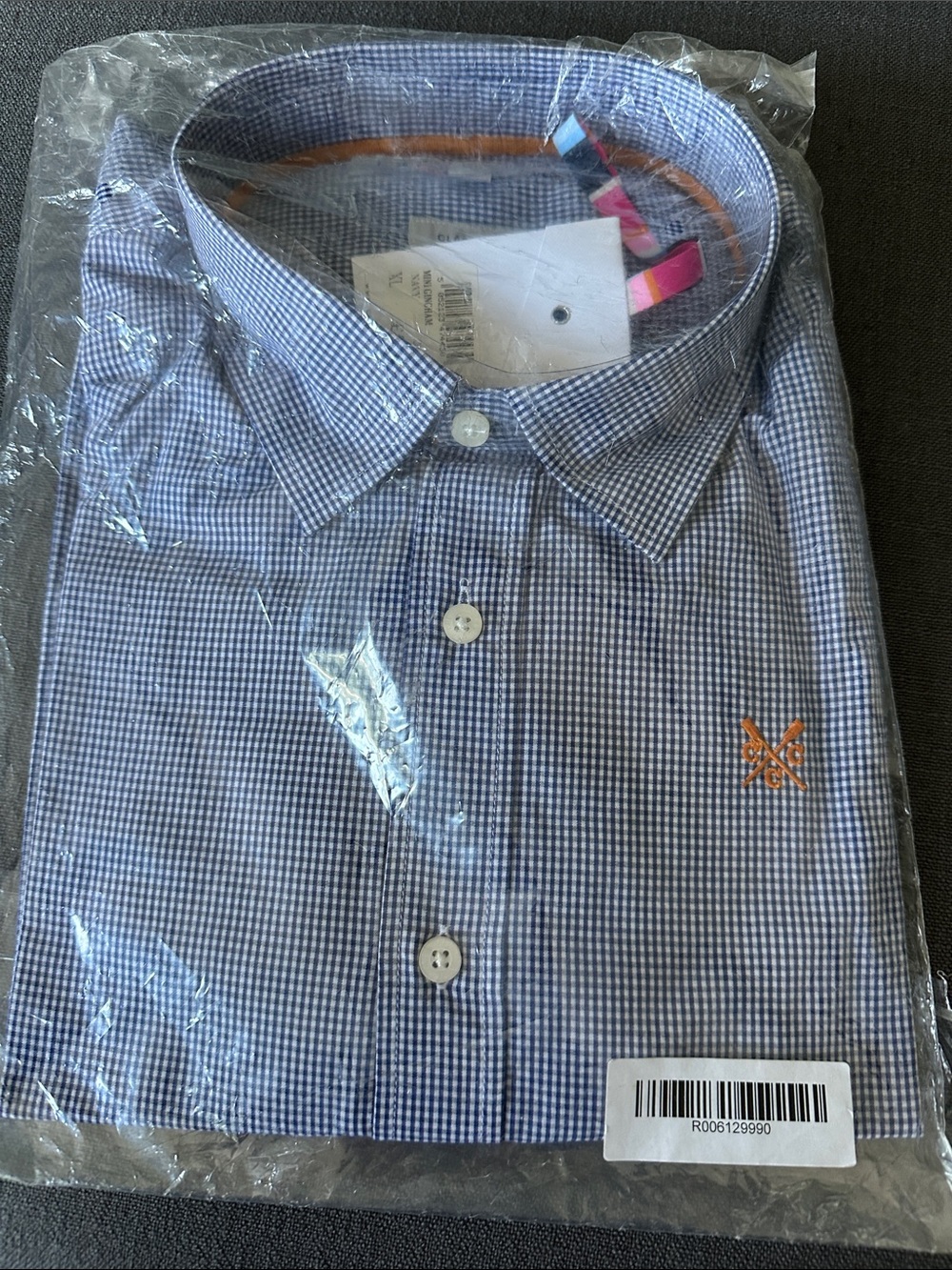 Men's Blue Gingham Button-Down Shirt with Contrast Trim and Embroidered Detail